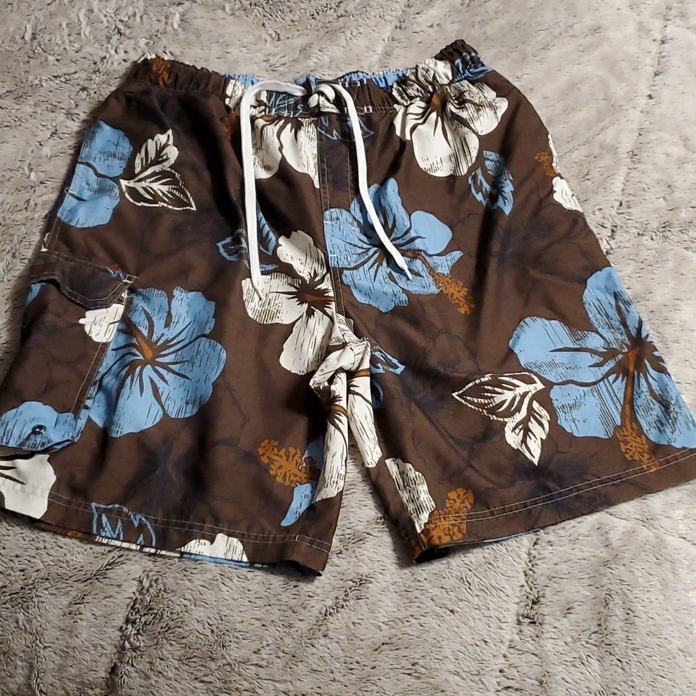 Authentic Consensus Mens Size L Brown Blue White Flowered Swim Shorts‎